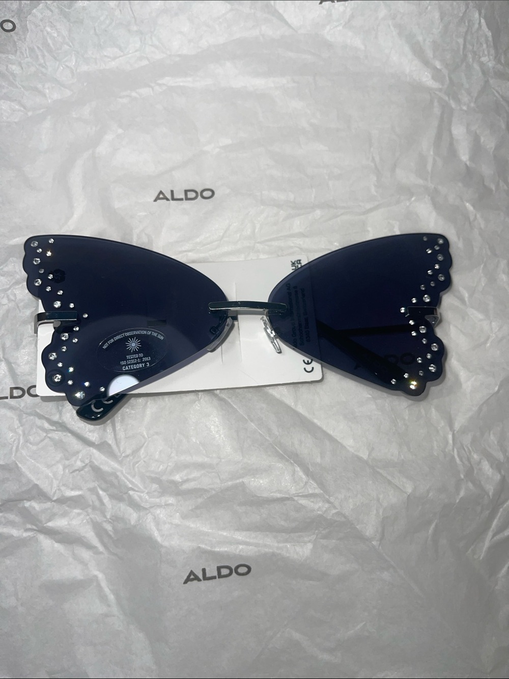 Aldo Butterfly Rimless Sunglasses in Dark Blue with Rhinestones